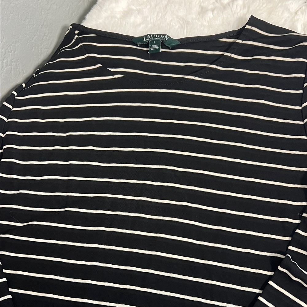 Lauren Ralph Lauren Black and Cream Striped Long Sleeve Top